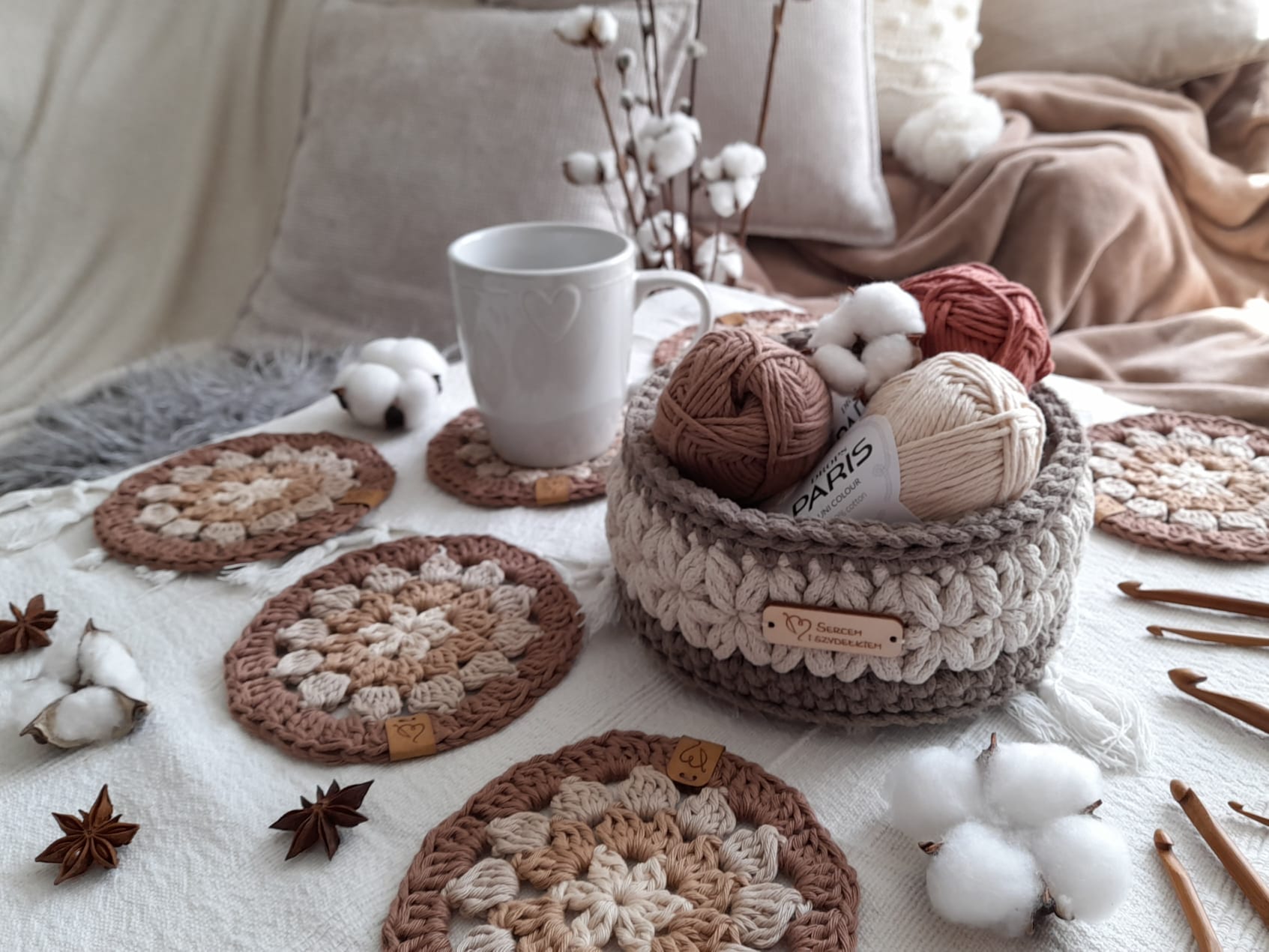 Crochet basket, yarn and handmade accessories